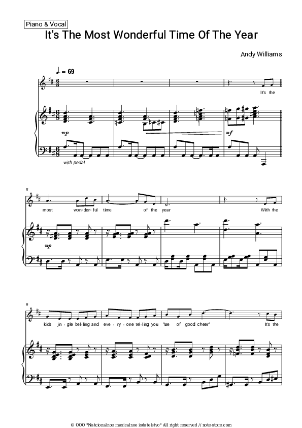 It's The Most Wonderful Time Of The Year - Andy Williams Piano Sheet Music with the Voice part - Piano&Vocal