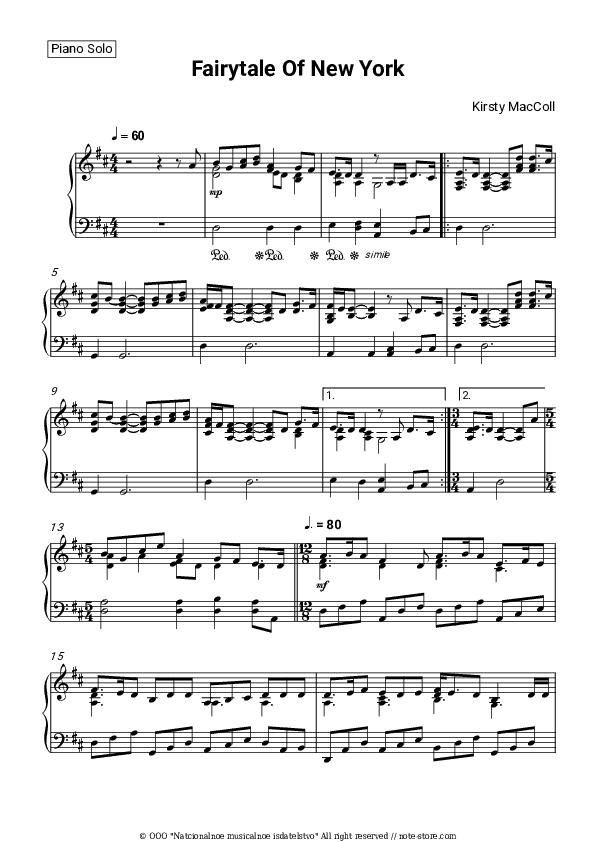 Fairytale Of New York - The Pogues, Kirsty MacColl Piano Sheet Music - Piano.Solo