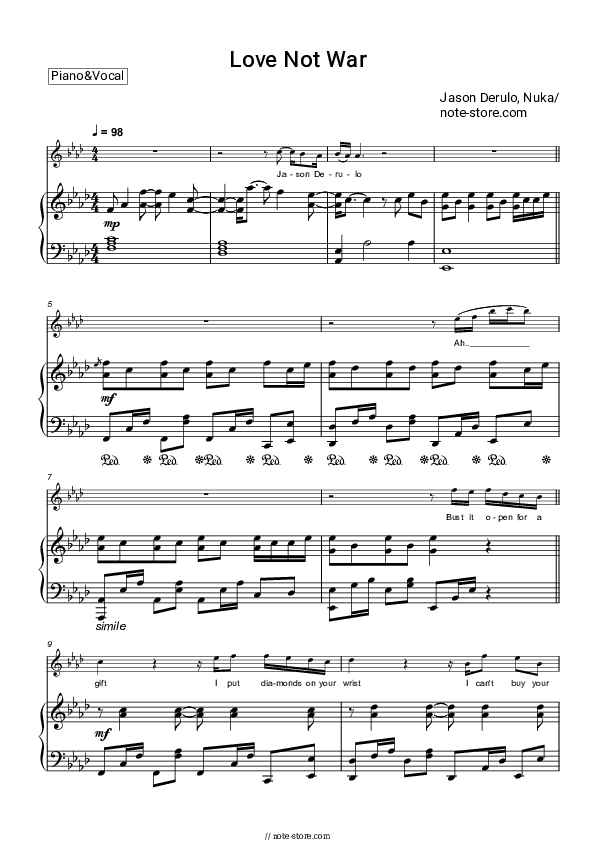 Love Not War (The Tampa Beat) - Jason Derulo, Nuka Piano Sheet Music with the Voice part - Piano&Vocal