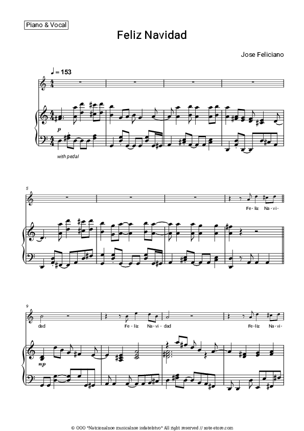 Feliz Navidad - Jose Feliciano Piano Sheet Music with the Voice part - Piano&Vocal