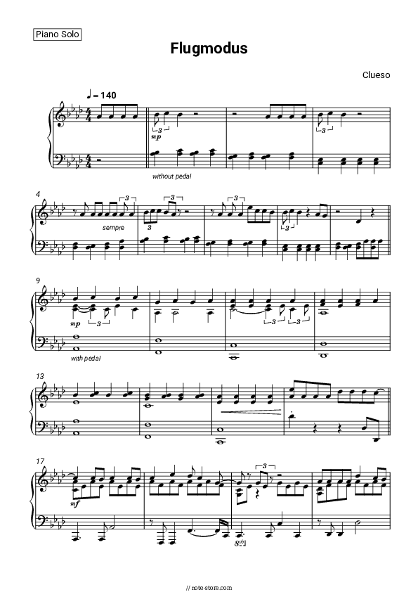 Flugmodus - Clueso Piano Sheet Music - Piano.Solo