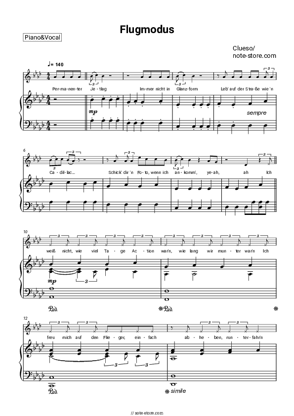 Flugmodus - Clueso Piano Sheet Music with the Voice part - Piano&Vocal