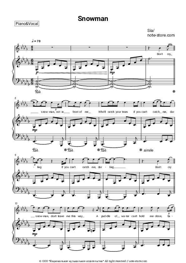 Snowman - Sia Piano Sheet Music with the Voice part - Piano&Vocal