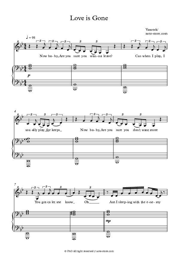 Love is Gone - Vanotek Piano Sheet Music with the Voice part - Piano&Vocal