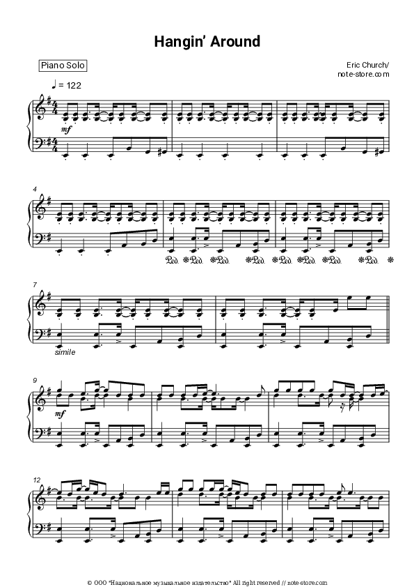 Hangin’ Around - Eric Church Piano Sheet Music - Piano.Solo