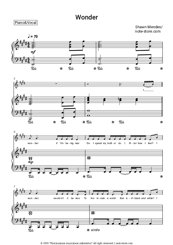 Wonder - Shawn Mendes Piano Sheet Music with the Voice part - Piano&Vocal