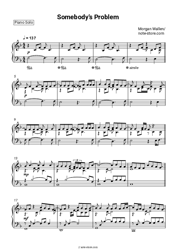 Somebody's Problem - Morgan Wallen Piano Sheet Music - Piano.Solo