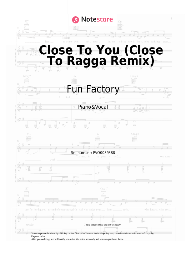 Close To You (Close To Ragga Remix) - Fun Factory Piano Sheet Music with the Voice part - Piano&Vocal