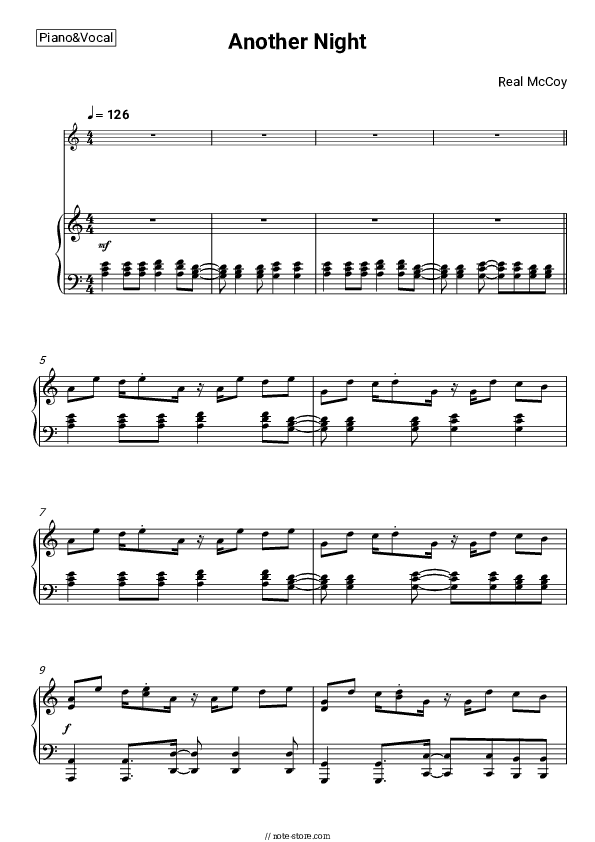 Another Night - Real McCoy Piano Sheet Music with the Voice part - Piano&Vocal