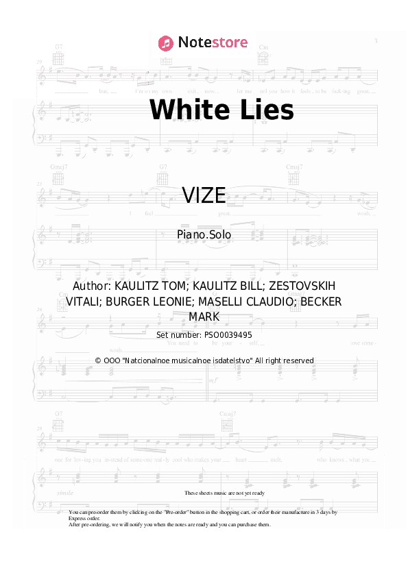 White Lies - VIZE, Tokio Hotel Piano Sheet Music - Piano.Solo