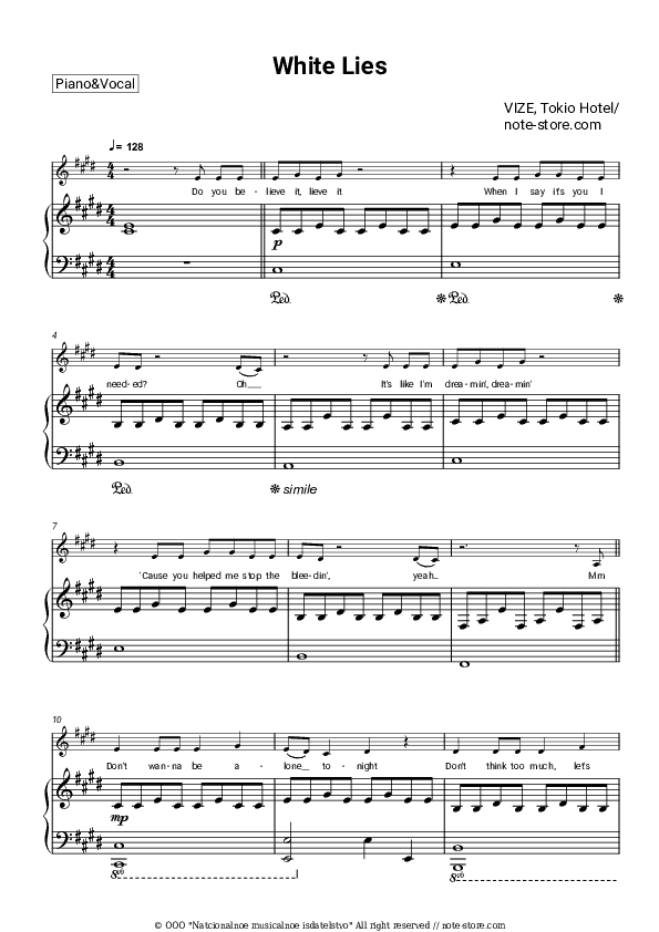 White Lies - VIZE, Tokio Hotel Piano Sheet Music with the Voice part - Piano&Vocal