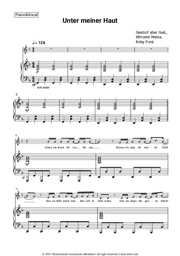 Unter meiner Haut - Gestort aber GeiL, Wincent Weiss, Koby Funk Piano Sheet Music with the Voice part - Piano&Vocal