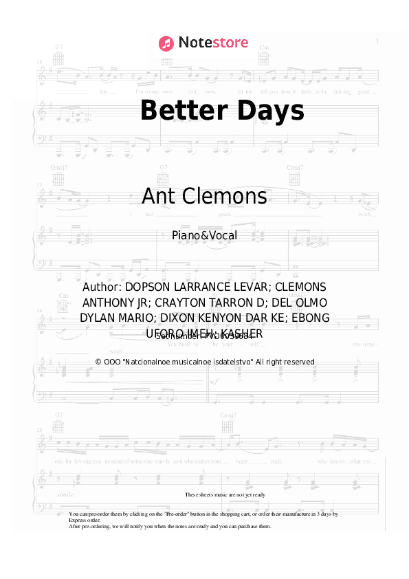 Better Days - Ant Clemons, Justin Timberlake Piano Sheet Music with the Voice part - Piano&Vocal