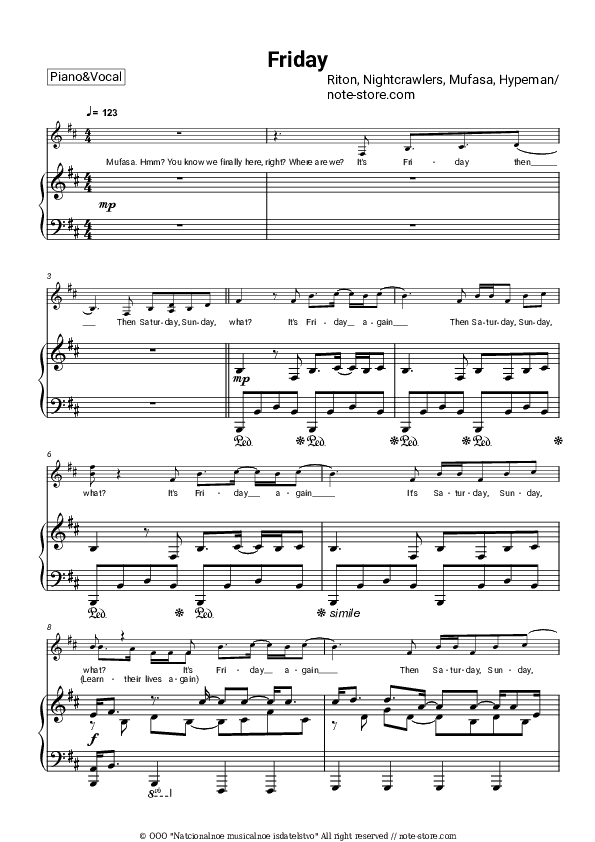 Friday - Riton, Nightcrawlers, Mufasa, Hypeman Piano Sheet Music with the Voice part - Piano&Vocal