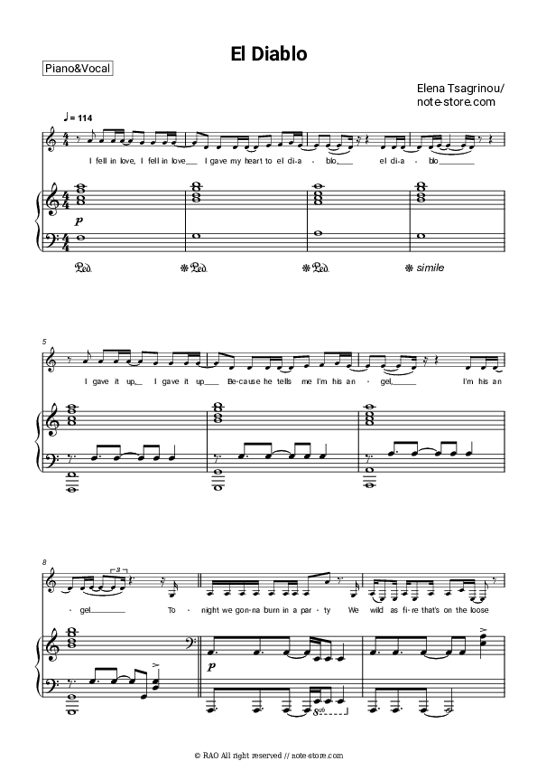 El Diablo - Elena Tsagrinou Piano Sheet Music with the Voice part - Piano&Vocal