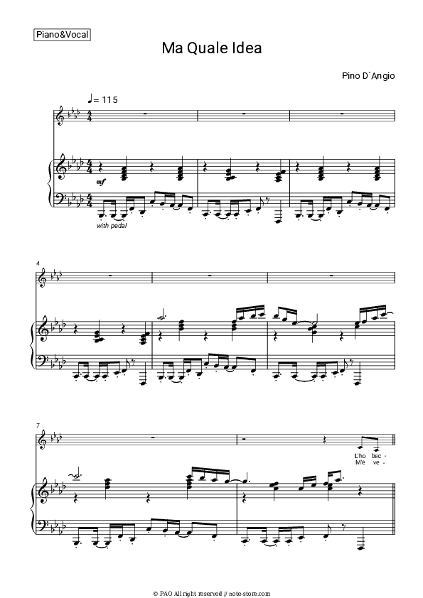 Ma Quale Idea - Pino D'Angio Piano Sheet Music with the Voice part - Piano&Vocal