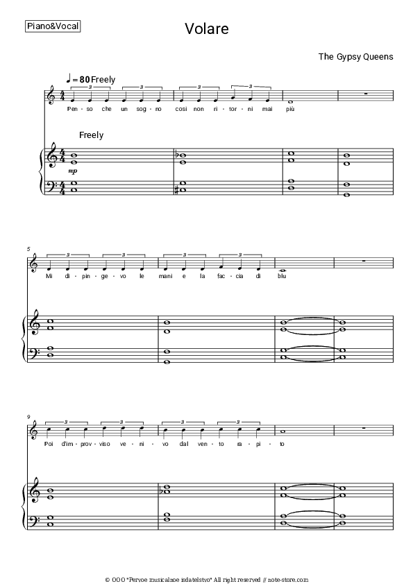 Volare - The Gypsy Queens Piano Sheet Music with the Voice part - Piano&Vocal