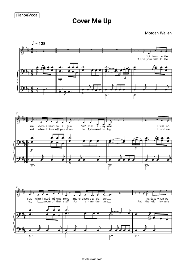 Cover Me Up - Morgan Wallen Piano Sheet Music with the Voice part - Piano&Vocal