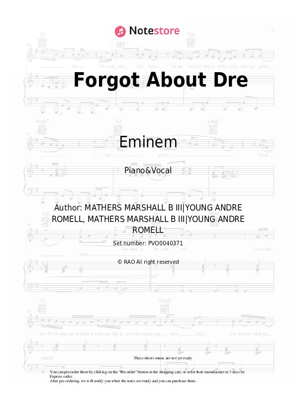 Forgot About Dre - Eminem, Dr. Dre Piano Sheet Music with the Voice part - Piano&Vocal