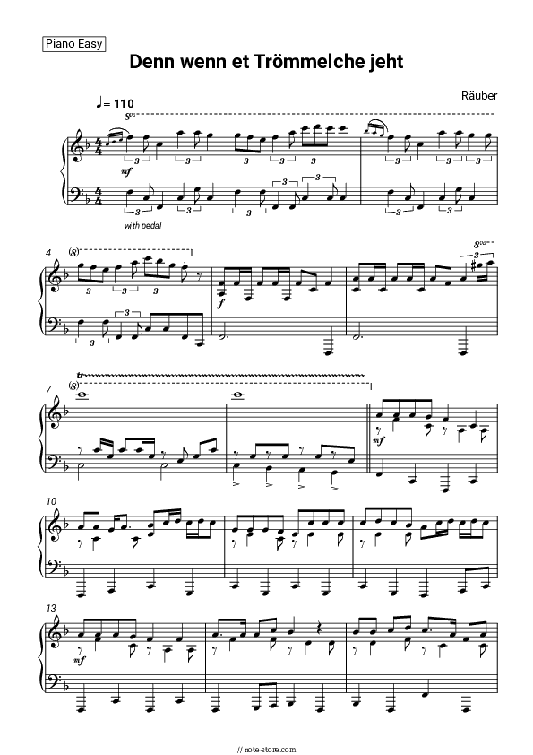 Denn wenn et Trömmelche jeht - Räuber Piano Sheet Music Easy - Piano.Easy