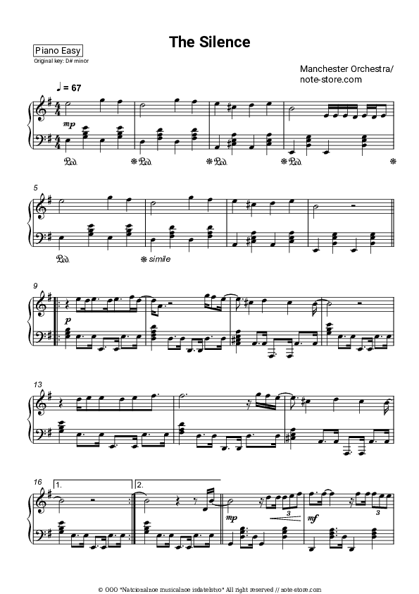 The Silence - Manchester Orchestra Piano Sheet Music Easy - Piano.Easy