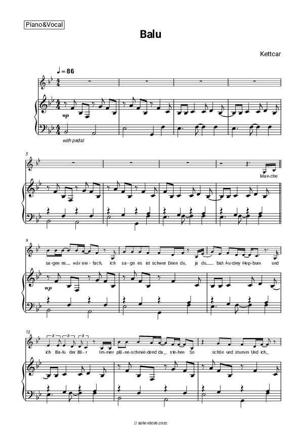 Balu - Kettcar Piano Sheet Music with the Voice part - Piano&Vocal