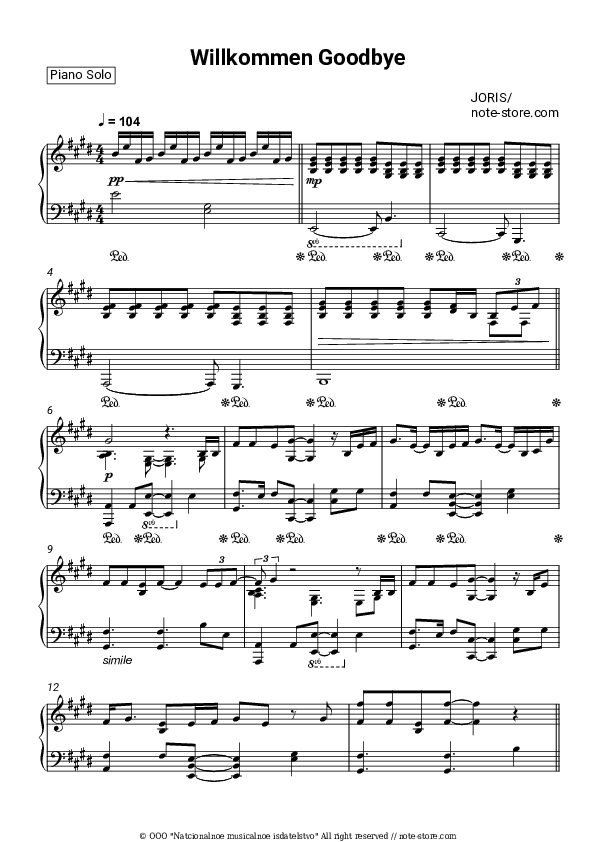 Willkommen Goodbye - JORIS Piano Sheet Music - Piano.Solo