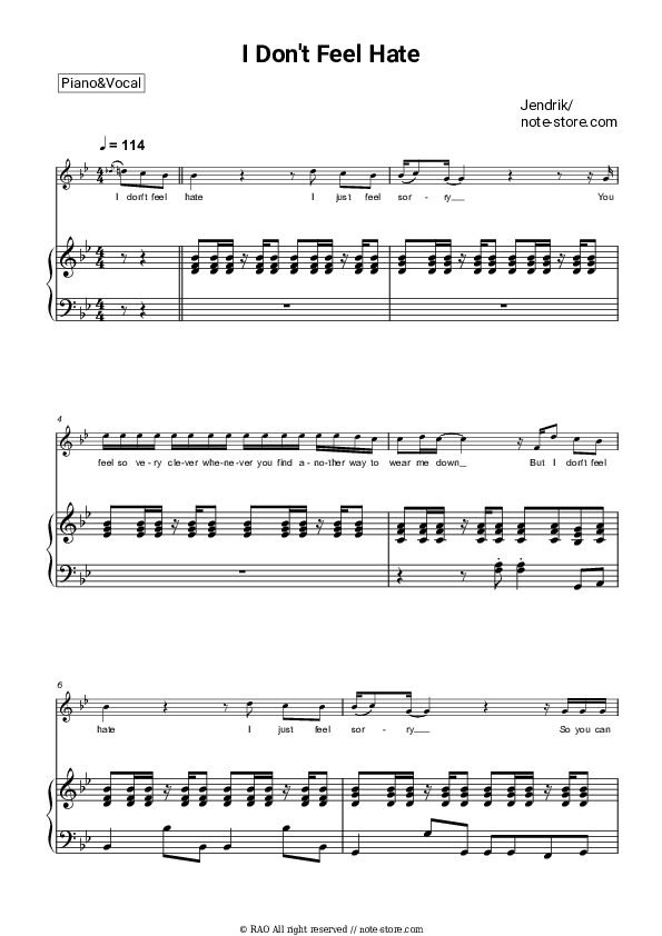 I Don't Feel Hate - Jendrik Piano Sheet Music with the Voice part - Piano&Vocal