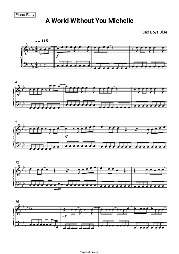A World Without You Michelle - Bad Boys Blue Piano Sheet Music Easy - Piano.Easy