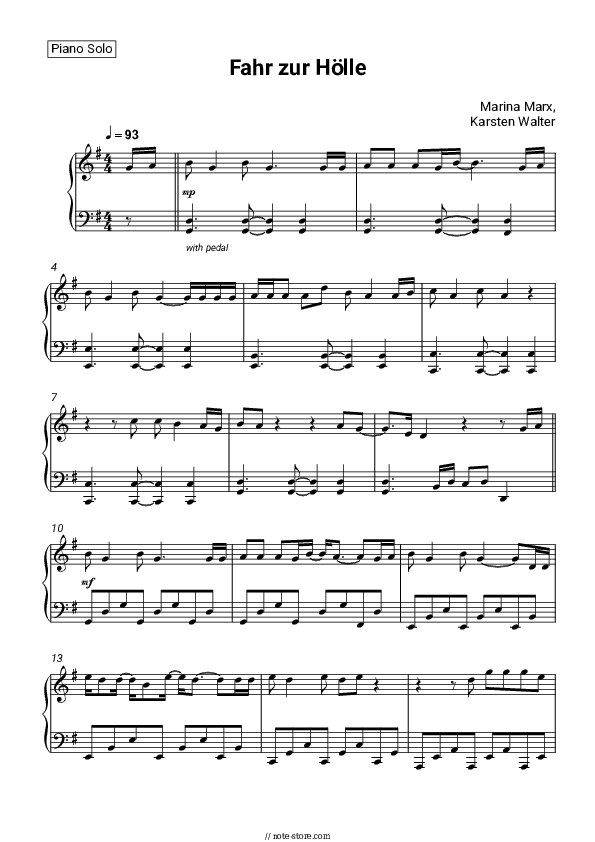 Fahr zur Hölle - Marina Marx, Karsten Walter Piano Sheet Music - Piano.Solo