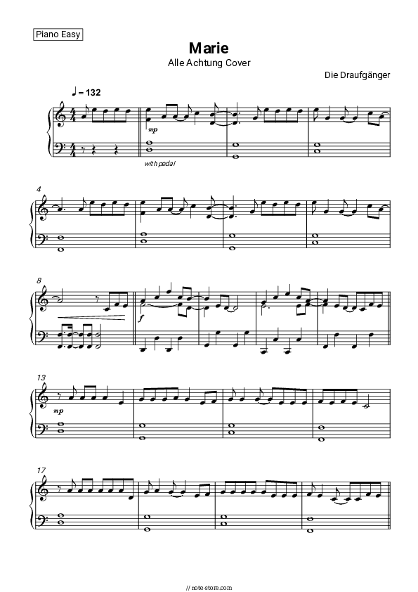 Marie - Die Draufgänger Piano Sheet Music Easy - Piano.Easy