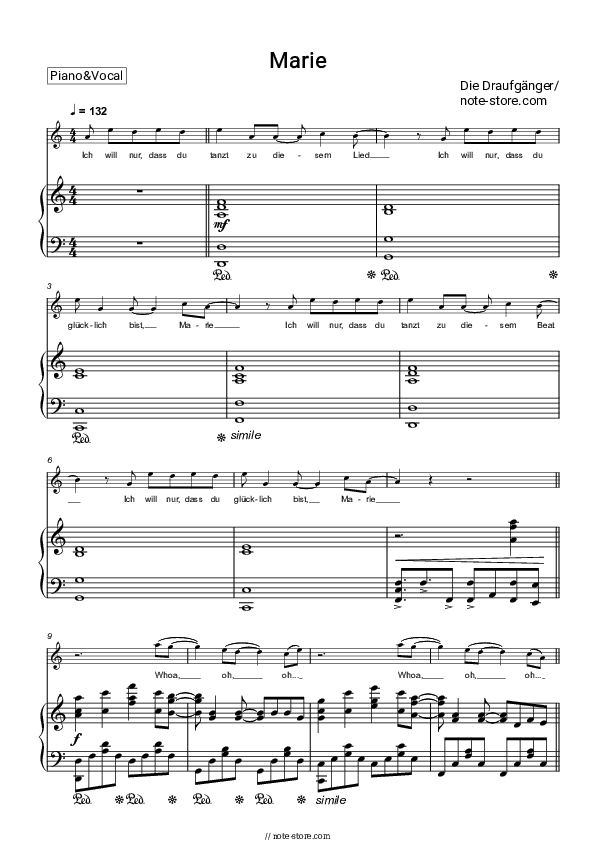Marie - Die Draufgänger Piano Sheet Music with the Voice part - Piano&Vocal