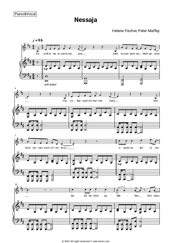 Nessaja - Helene Fischer, Peter Maffay Piano Sheet Music with the Voice part - Piano&Vocal