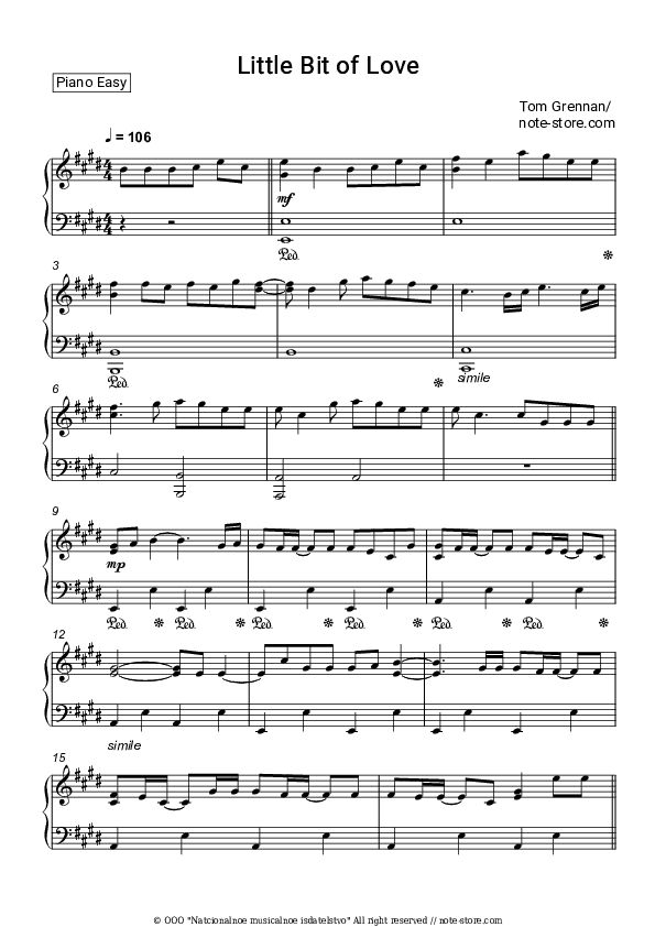 Little Bit of Love - Tom Grennan Piano Sheet Music Easy - Piano.Easy