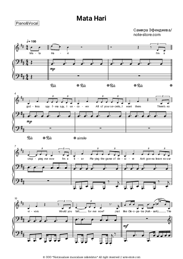 Mata Hari - Samira Efendi Piano Sheet Music with the Voice part - Piano&Vocal