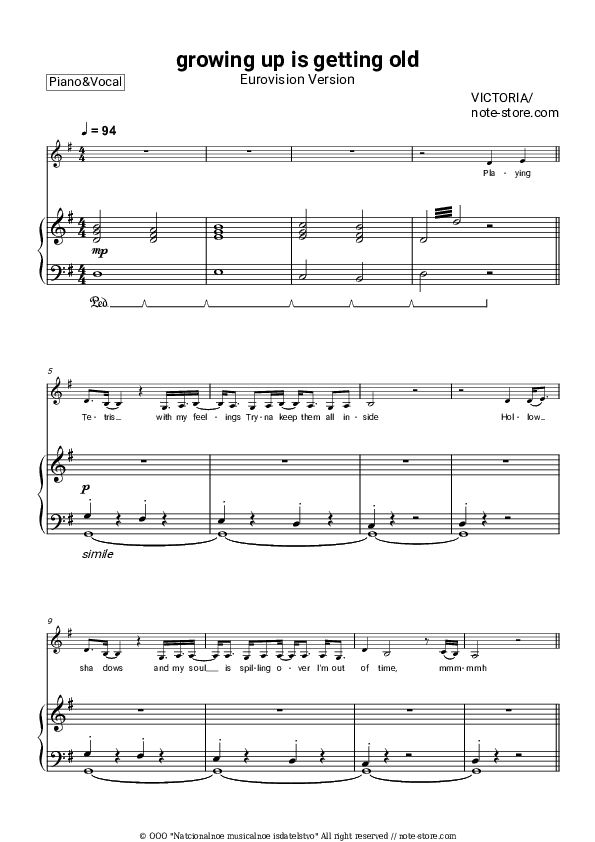 growing up is getting old - VICTORIA Piano Sheet Music with the Voice part - Piano&Vocal