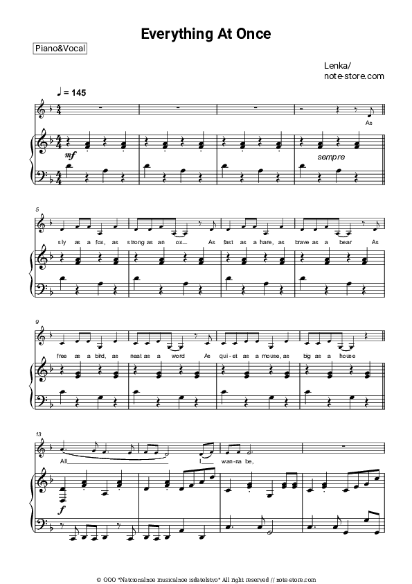 Everything At Once - Lenka Piano Sheet Music with the Voice part - Piano&Vocal