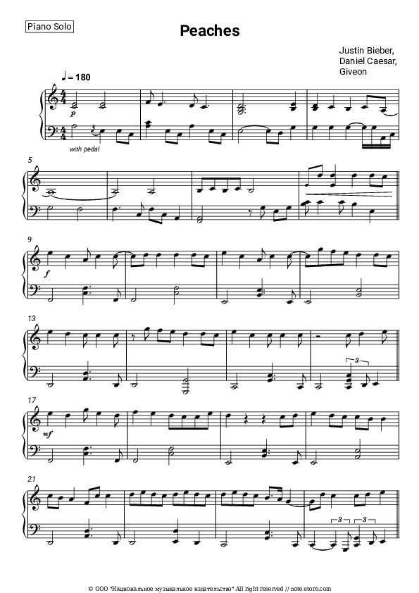 Peaches - Justin Bieber, Daniel Caesar, Giveon Piano Sheet Music - Piano.Solo