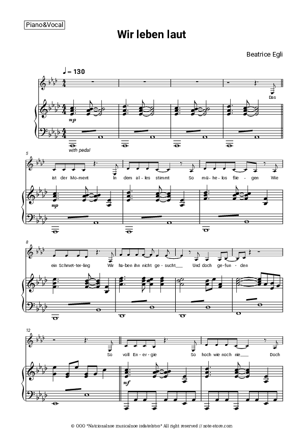 Wir leben laut - Beatrice Egli Piano Sheet Music with the Voice part - Piano&Vocal