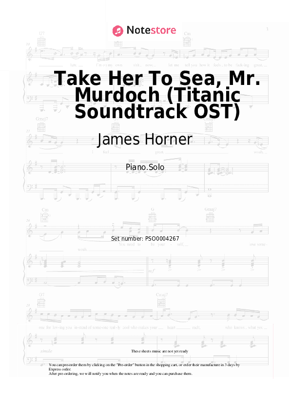 Take Her To Sea, Mr. Murdoch (Titanic Soundtrack OST) - James Horner Piano Sheet Music - Piano.Solo
