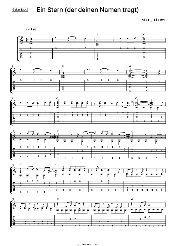 Ein Stern (der deinen Namen tragt) - Nik P., DJ Ötzi Tabs - Guitar.Tabs