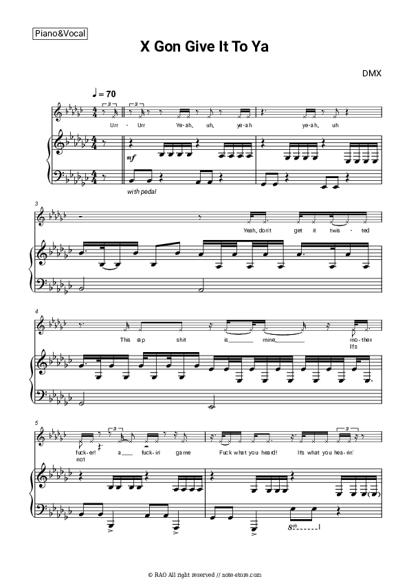 X Gon' Give It to Ya - DMX Piano Sheet Music with the Voice part - Piano&Vocal