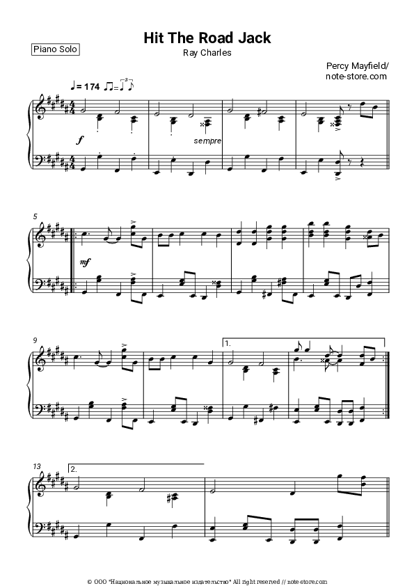 Hit The Road Jack - Ray Charles Piano Sheet Music - Piano.Solo