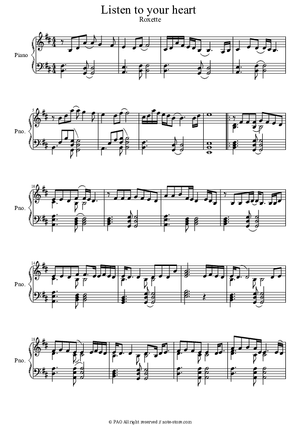 Listen to your heart - Roxette Piano Sheet Music - Piano.Solo