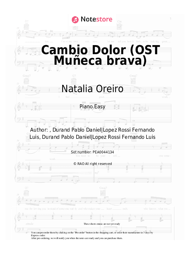 Cambio Dolor (OST Muñeca brava) - Natalia Oreiro Piano Sheet Music Easy - Piano.Easy