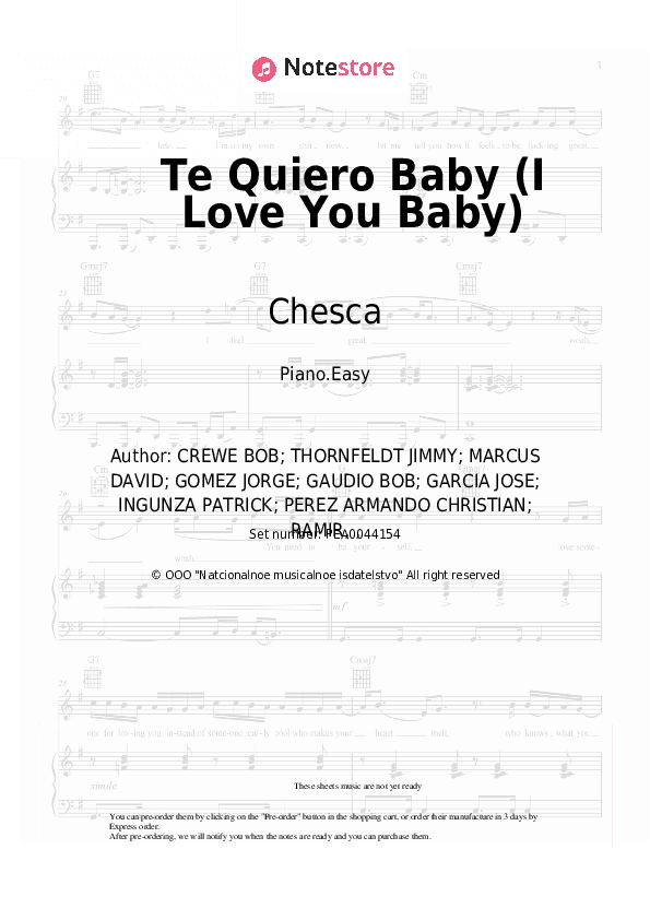 Te Quiero Baby (I Love You Baby) - Chesca, Pitbull, Frankie Valli Piano Sheet Music Easy - Piano.Easy