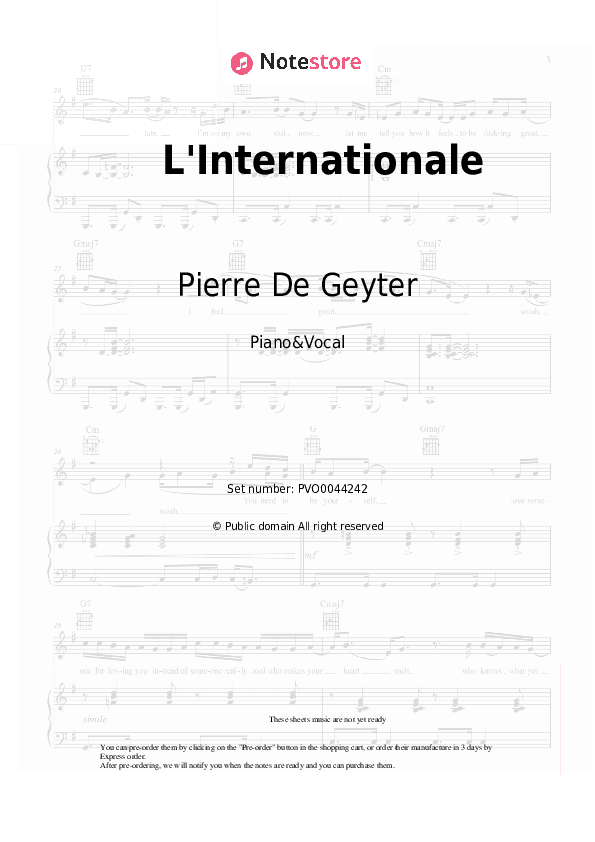 L'Internationale - Pierre De Geyter Piano Sheet Music with the Voice part - Piano&Vocal