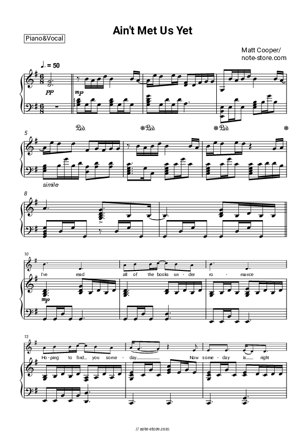 Ain't Met Us Yet - Matt Cooper Piano Sheet Music with the Voice part - Piano&Vocal