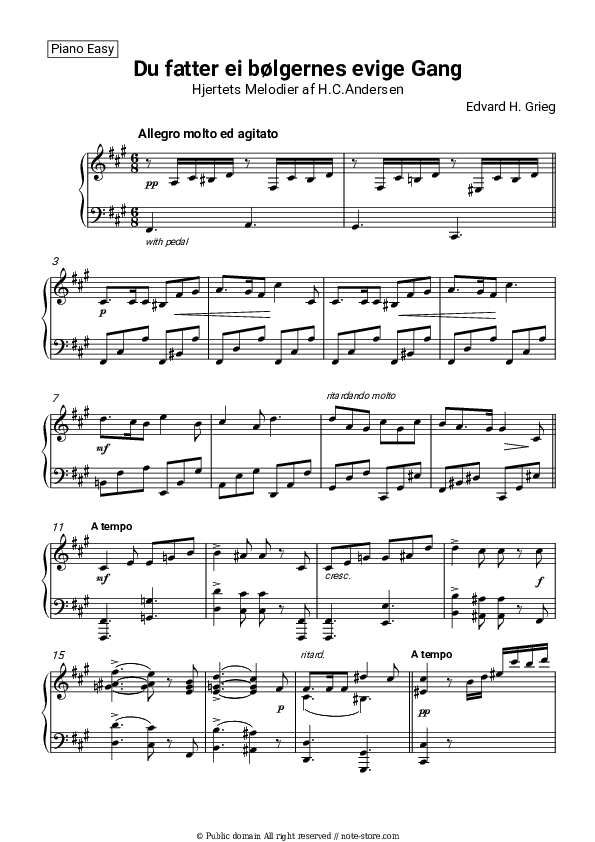 Des Dichters Herz, op. 52 No. 3 - Edvard Hagerup Grieg Piano Sheet Music Easy - Piano.Easy
