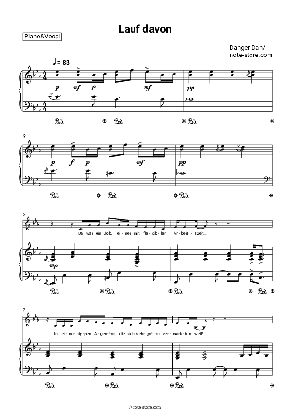 Lauf davon - Danger Dan Piano Sheet Music with the Voice part - Piano&Vocal